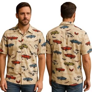DAVID CAREY GM Pontiac Muscle Car Button Up Shirt Mens Medium Beige Firebird